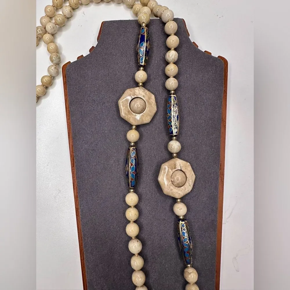 Vintage Beaded Necklace with Carved Stone Accents & Cloisonné Enamel Beads 28.5” - Picture 3 of 9